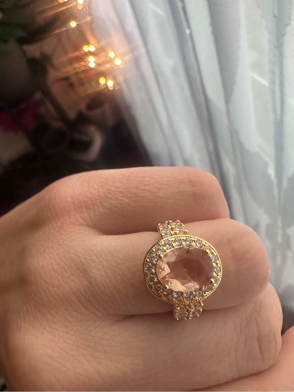 Gold-Plated Peachy-Pink Gemstone Halo Ring sz 5